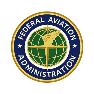 FAA logo with a green globe and gold emblem in the center, encircled by 'Federal Aviation Administration' text.