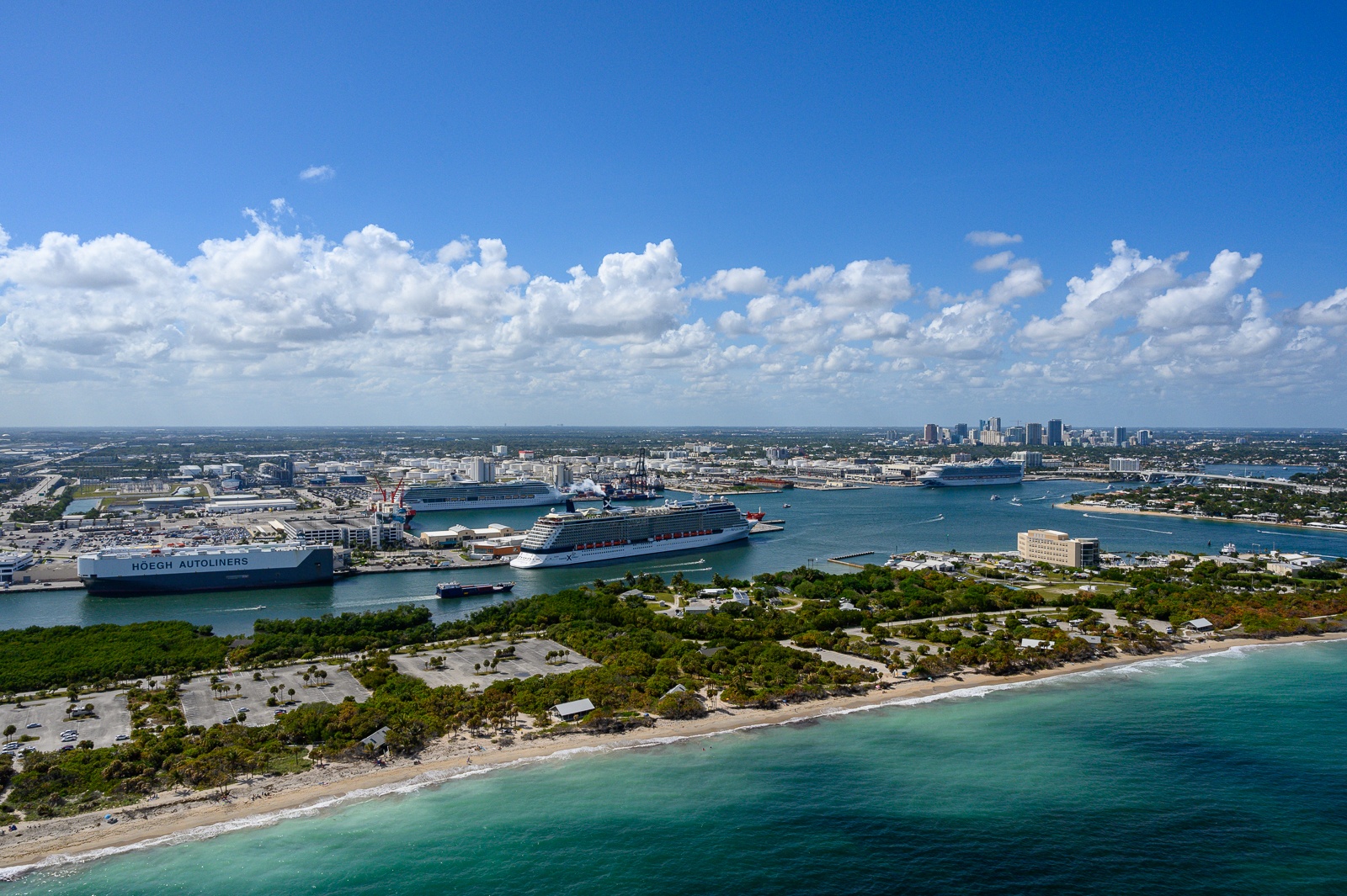 Aerial view of a port with cruise ships and city skyline in background.