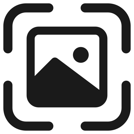Monochrome image icon with picture frame and circular corner elements.