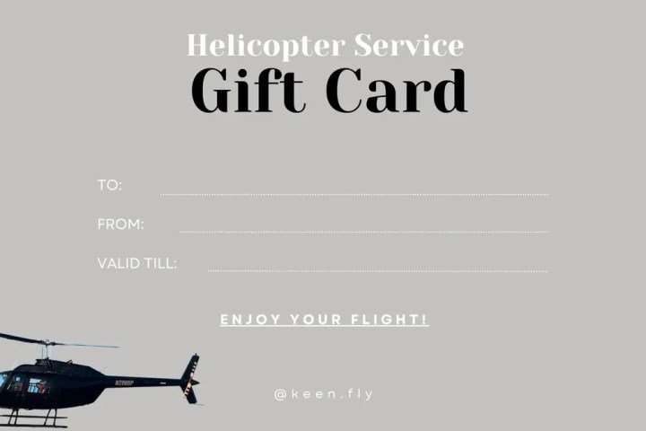 Helicopter Service Gift Card with helicopter image and message spaces.